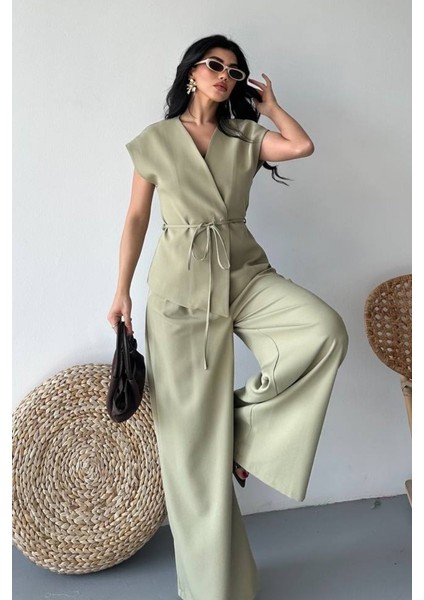 Kadın Ikili Alt Üst Takım Bağcıklı Bol Kesim Dökümlü Yazlık Kısa Kollu Kimono Ceket Palazzo Pantolon Takım fırsatları