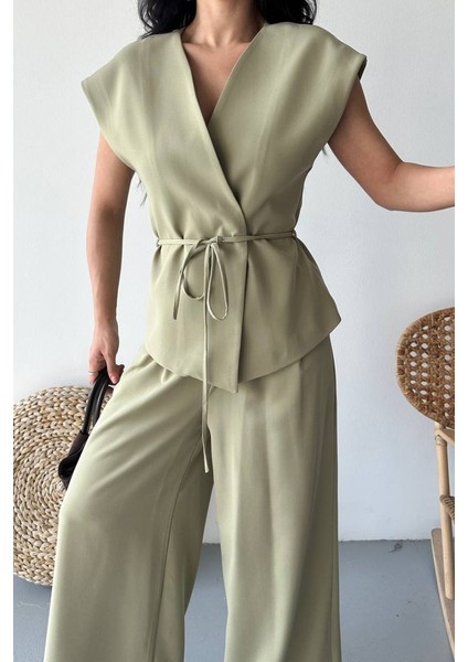 Kadın Ikili Alt Üst Takım Bağcıklı Bol Kesim Dökümlü Yazlık Kısa Kollu Kimono Ceket Palazzo Pantolon Takım