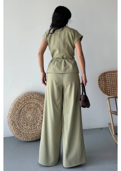 Kadın Ikili Alt Üst Takım Bağcıklı Bol Kesim Dökümlü Yazlık Kısa Kollu Kimono Ceket Palazzo Pantolon Takım