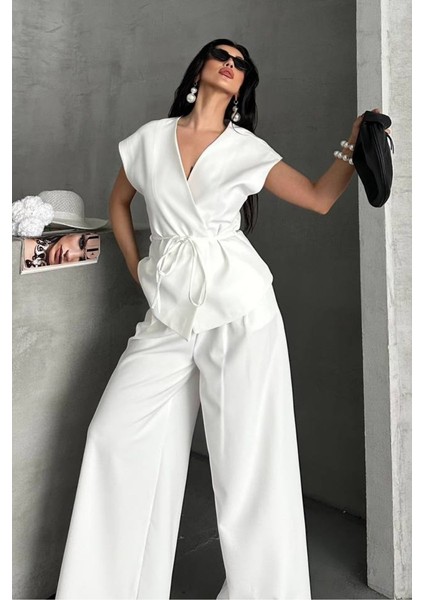 Kadın Ikili Alt Üst Takım Bağcıklı Bol Kesim Dökümlü Yazlık Kısa Kollu Kimono Ceket Palazzo Pantolon Takım