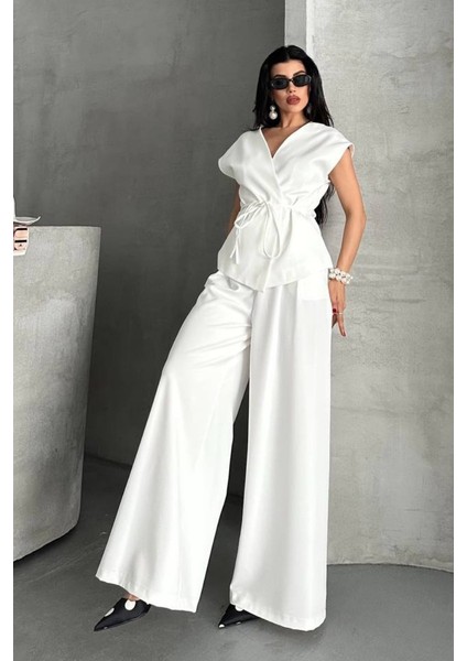 Kadın Ikili Alt Üst Takım Bağcıklı Bol Kesim Dökümlü Yazlık Kısa Kollu Kimono Ceket Palazzo Pantolon Takım fiyatları