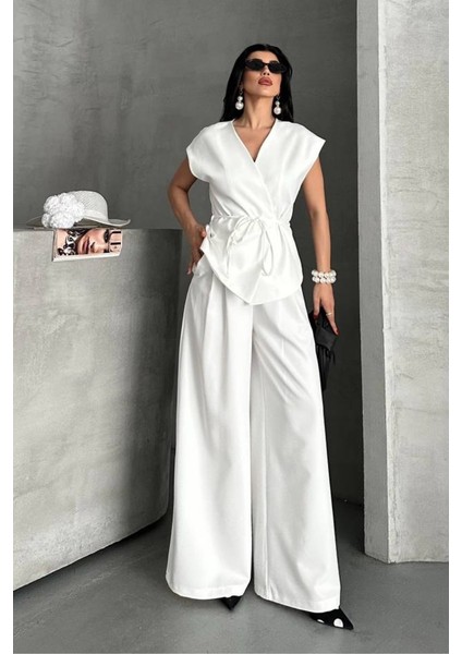 Kadın Ikili Alt Üst Takım Bağcıklı Bol Kesim Dökümlü Yazlık Kısa Kollu Kimono Ceket Palazzo Pantolon Takım fırsatları