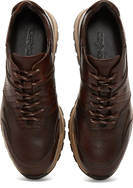 Erkek Kahverengi Bağcıklı Deri Casual Sneaker 25WFD610114