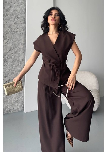 Kadın Ikili Alt Üst Takım Bağcıklı Bol Kesim Dökümlü Yazlık Kısa Kollu Kimono Ceket Palazzo Pantolon Takım