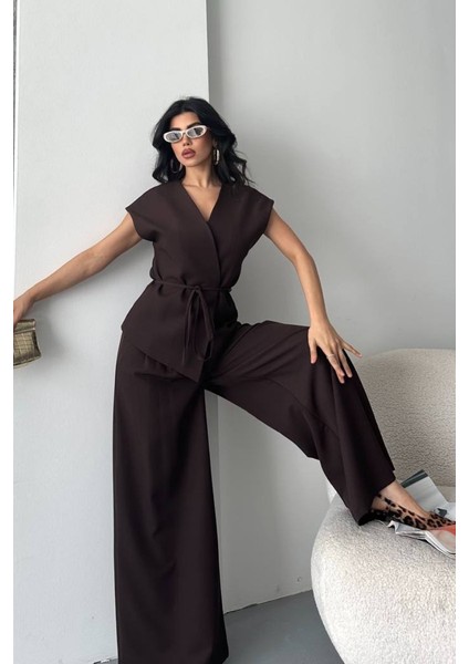 Kadın Ikili Alt Üst Takım Bağcıklı Bol Kesim Dökümlü Yazlık Kısa Kollu Kimono Ceket Palazzo Pantolon Takım fiyatları