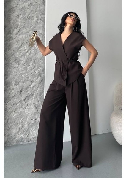 Kadın Ikili Alt Üst Takım Bağcıklı Bol Kesim Dökümlü Yazlık Kısa Kollu Kimono Ceket Palazzo Pantolon Takım fırsatları