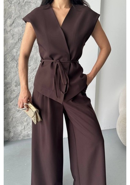 Kadın Ikili Alt Üst Takım Bağcıklı Bol Kesim Dökümlü Yazlık Kısa Kollu Kimono Ceket Palazzo Pantolon Takım