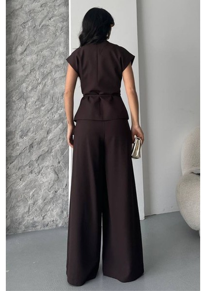 Kadın Ikili Alt Üst Takım Bağcıklı Bol Kesim Dökümlü Yazlık Kısa Kollu Kimono Ceket Palazzo Pantolon Takım