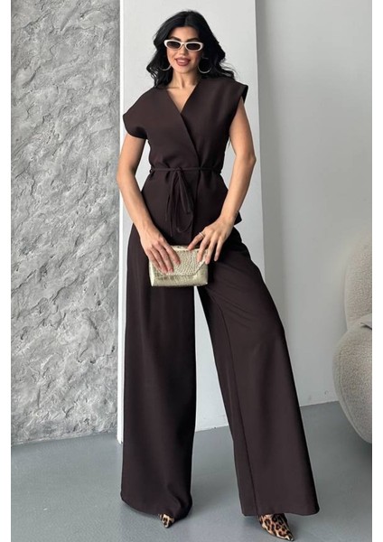 Kadın Ikili Alt Üst Takım Bağcıklı Bol Kesim Dökümlü Yazlık Kısa Kollu Kimono Ceket Palazzo Pantolon Takım modelleri