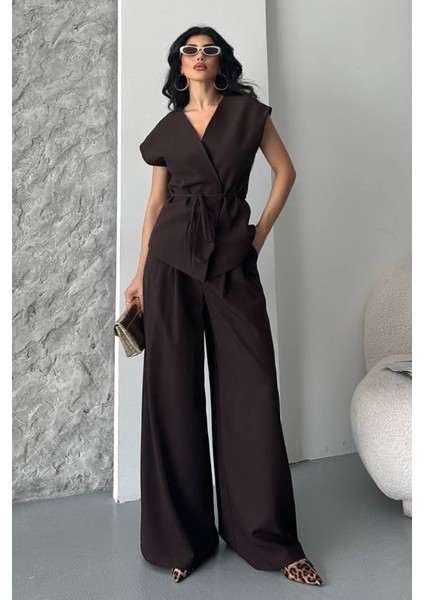 Kadın Ikili Alt Üst Takım Bağcıklı Bol Kesim Dökümlü Yazlık Kısa Kollu Kimono Ceket Palazzo Pantolon Takım indirimleri