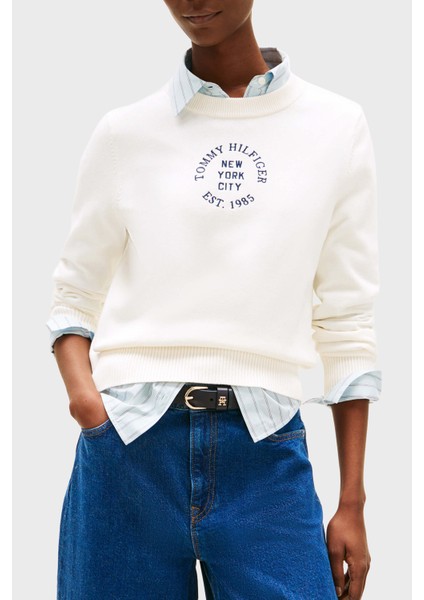 Baskılı Pamuklu Oversize Fit Yuvarlak Yaka Kısa Kazak Bayan Kazak WW0WW46267 Ya8