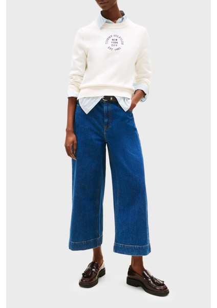 Baskılı Pamuklu Oversize Fit Yuvarlak Yaka Kısa Kazak Bayan Kazak WW0WW46267 Ya8 fiyatları