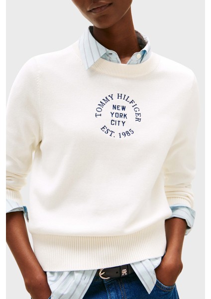 Baskılı Pamuklu Oversize Fit Yuvarlak Yaka Kısa Kazak Bayan Kazak WW0WW46267 Ya8 fırsatları