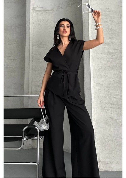 Kadın Ikili Alt Üst Takım Bağcıklı Bol Kesim Dökümlü Yazlık Kısa Kollu Kimono Ceket Palazzo Pantolon Takım