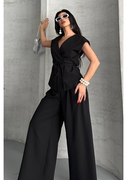 Kadın Ikili Alt Üst Takım Bağcıklı Bol Kesim Dökümlü Yazlık Kısa Kollu Kimono Ceket Palazzo Pantolon Takım fiyatları