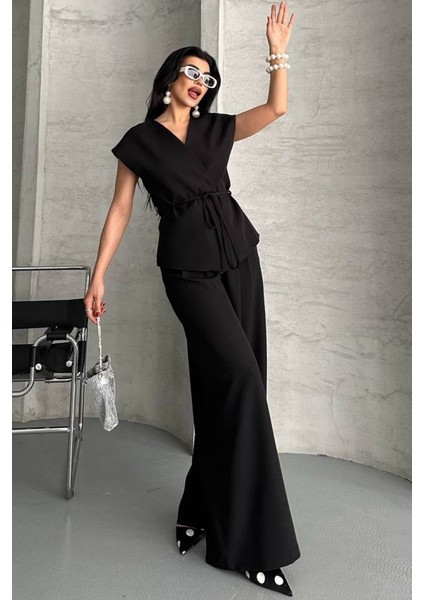 Kadın Ikili Alt Üst Takım Bağcıklı Bol Kesim Dökümlü Yazlık Kısa Kollu Kimono Ceket Palazzo Pantolon Takım fırsatları