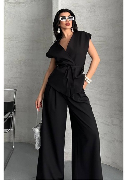 Kadın Ikili Alt Üst Takım Bağcıklı Bol Kesim Dökümlü Yazlık Kısa Kollu Kimono Ceket Palazzo Pantolon Takım indirimleri