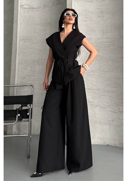 Kadın Ikili Alt Üst Takım Bağcıklı Bol Kesim Dökümlü Yazlık Kısa Kollu Kimono Ceket Palazzo Pantolon Takım