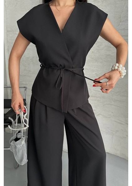 Kadın Ikili Alt Üst Takım Bağcıklı Bol Kesim Dökümlü Yazlık Kısa Kollu Kimono Ceket Palazzo Pantolon Takım