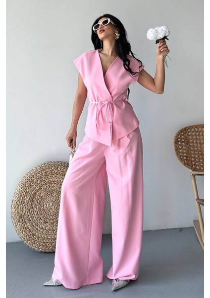 Kadın Ikili Alt Üst Takım Bağcıklı Bol Kesim Dökümlü Yazlık Kısa Kollu Kimono Ceket Palazzo Pantolon Takım