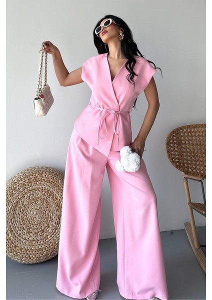 Kadın Ikili Alt Üst Takım Bağcıklı Bol Kesim Dökümlü Yazlık Kısa Kollu Kimono Ceket Palazzo Pantolon Takım fiyatları