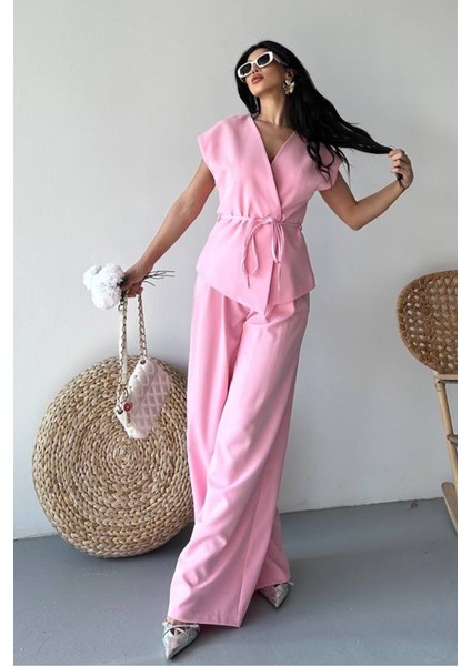 Kadın Ikili Alt Üst Takım Bağcıklı Bol Kesim Dökümlü Yazlık Kısa Kollu Kimono Ceket Palazzo Pantolon Takım modelleri