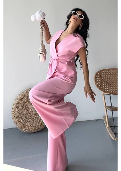 Kadın Ikili Alt Üst Takım Bağcıklı Bol Kesim Dökümlü Yazlık Kısa Kollu Kimono Ceket Palazzo Pantolon Takım fırsatları