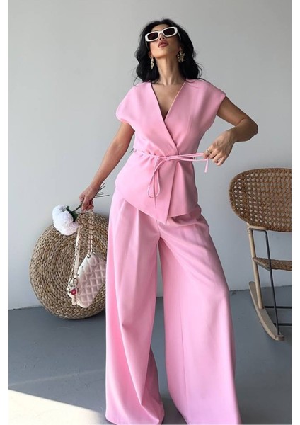 Kadın Ikili Alt Üst Takım Bağcıklı Bol Kesim Dökümlü Yazlık Kısa Kollu Kimono Ceket Palazzo Pantolon Takım indirimleri