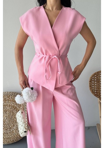 Kadın Ikili Alt Üst Takım Bağcıklı Bol Kesim Dökümlü Yazlık Kısa Kollu Kimono Ceket Palazzo Pantolon Takım