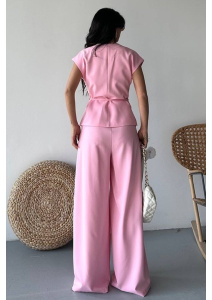 Kadın Ikili Alt Üst Takım Bağcıklı Bol Kesim Dökümlü Yazlık Kısa Kollu Kimono Ceket Palazzo Pantolon Takım