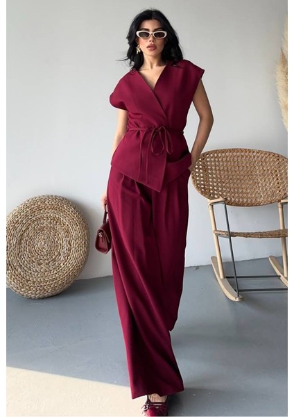 Kadın Ikili Alt Üst Takım Bağcıklı Bol Kesim Dökümlü Yazlık Kısa Kollu Kimono Ceket Palazzo Pantolon Takım