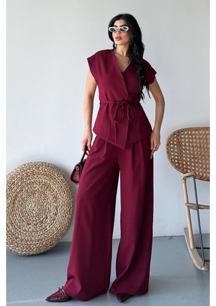 Kadın Ikili Alt Üst Takım Bağcıklı Bol Kesim Dökümlü Yazlık Kısa Kollu Kimono Ceket Palazzo Pantolon Takım fiyatları