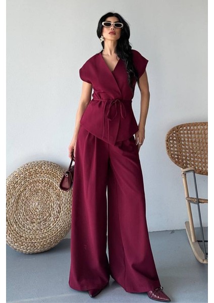 Kadın Ikili Alt Üst Takım Bağcıklı Bol Kesim Dökümlü Yazlık Kısa Kollu Kimono Ceket Palazzo Pantolon Takım modelleri