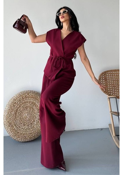 Kadın Ikili Alt Üst Takım Bağcıklı Bol Kesim Dökümlü Yazlık Kısa Kollu Kimono Ceket Palazzo Pantolon Takım fırsatları