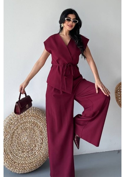 Kadın Ikili Alt Üst Takım Bağcıklı Bol Kesim Dökümlü Yazlık Kısa Kollu Kimono Ceket Palazzo Pantolon Takım indirimleri