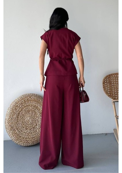 Kadın Ikili Alt Üst Takım Bağcıklı Bol Kesim Dökümlü Yazlık Kısa Kollu Kimono Ceket Palazzo Pantolon Takım