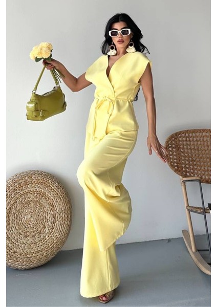 Kadın Ikili Alt Üst Takım Bağcıklı Bol Kesim Dökümlü Yazlık Kısa Kollu Kimono Ceket Palazzo Pantolon Takım