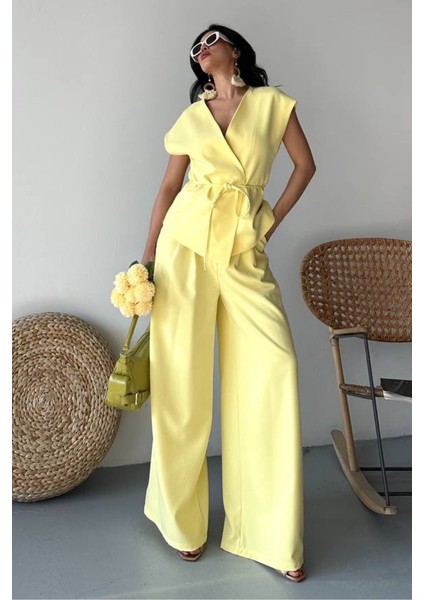 Kadın Ikili Alt Üst Takım Bağcıklı Bol Kesim Dökümlü Yazlık Kısa Kollu Kimono Ceket Palazzo Pantolon Takım fiyatları