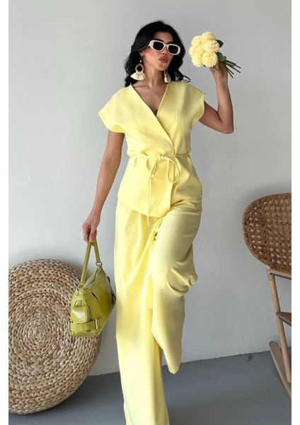 Kadın Ikili Alt Üst Takım Bağcıklı Bol Kesim Dökümlü Yazlık Kısa Kollu Kimono Ceket Palazzo Pantolon Takım modelleri