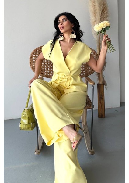 Kadın Ikili Alt Üst Takım Bağcıklı Bol Kesim Dökümlü Yazlık Kısa Kollu Kimono Ceket Palazzo Pantolon Takım indirimleri