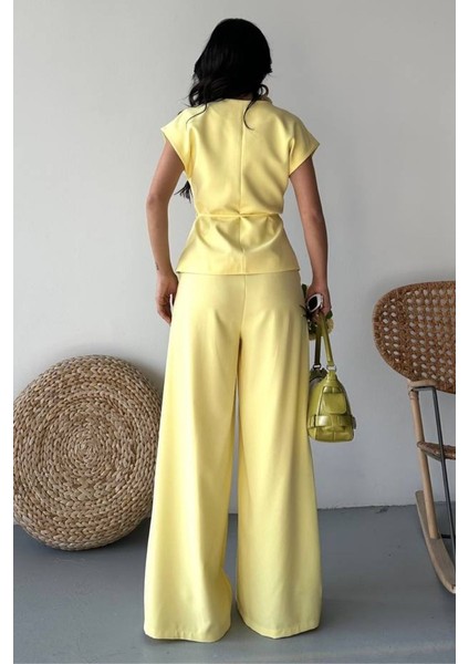 Kadın Ikili Alt Üst Takım Bağcıklı Bol Kesim Dökümlü Yazlık Kısa Kollu Kimono Ceket Palazzo Pantolon Takım