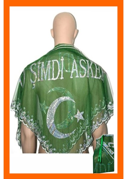 Yeşil Renk ''o Şimdi Asker'' Yazılı, Pullu Kına Örtüsü Eldivenli, (Üçgen Şeklinde)