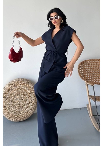 Kadın Ikili Alt Üst Takım Bağcıklı Bol Kesim Dökümlü Yazlık Kısa Kollu Kimono Ceket Palazzo Pantolon Takım fiyatları