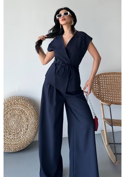 Kadın Ikili Alt Üst Takım Bağcıklı Bol Kesim Dökümlü Yazlık Kısa Kollu Kimono Ceket Palazzo Pantolon Takım modelleri