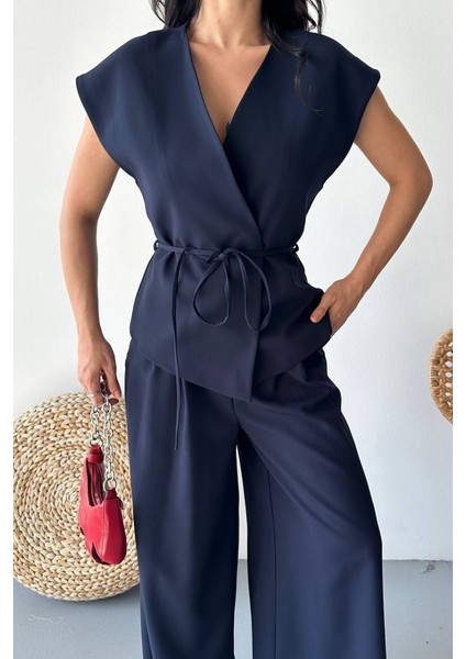 Kadın Ikili Alt Üst Takım Bağcıklı Bol Kesim Dökümlü Yazlık Kısa Kollu Kimono Ceket Palazzo Pantolon Takım