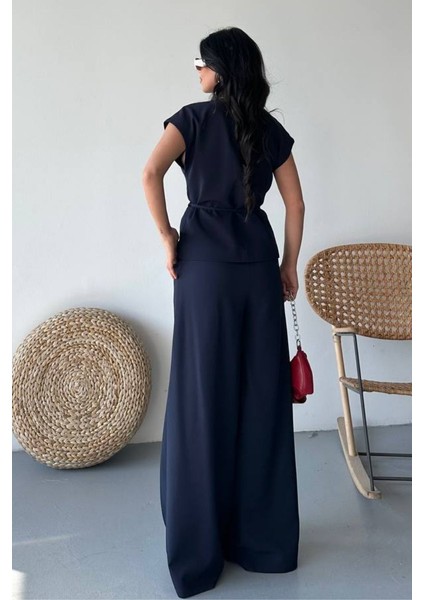 Kadın Ikili Alt Üst Takım Bağcıklı Bol Kesim Dökümlü Yazlık Kısa Kollu Kimono Ceket Palazzo Pantolon Takım