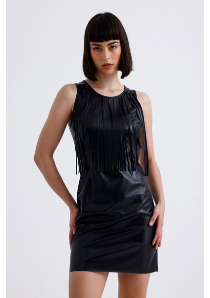 Metal Fermuralı Püslkül Detaylı Suni Deri Mini Elbise | ELB35960 Siyah