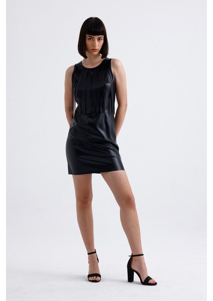 Metal Fermuralı Püslkül Detaylı Suni Deri Mini Elbise | ELB35960 Siyah fiyatları