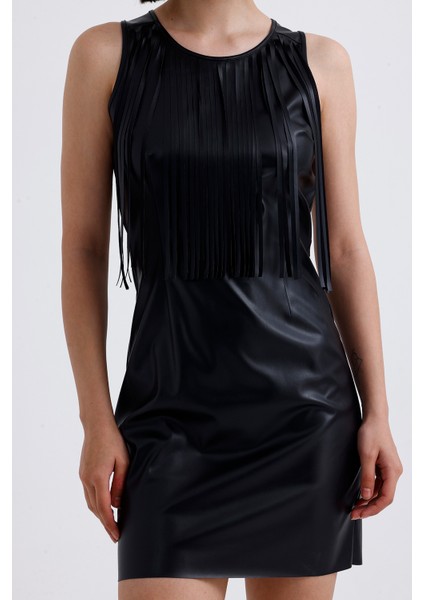 Metal Fermuralı Püslkül Detaylı Suni Deri Mini Elbise | ELB35960 Siyah fırsatları