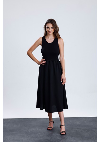 Üstü Likralı Viskon Altı Poliviskon Beli Lastikli Kolsuz Uzun Elbise | ELB36256 Siyah